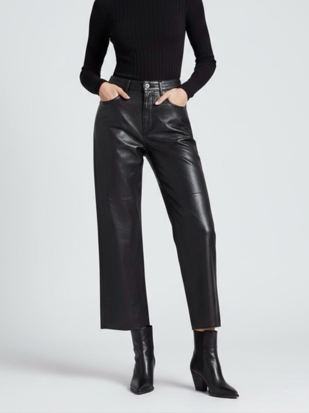 L’AGENCE Wanda High Rise Crop Wide Leg Jean Coated Denim Raw Hem Black